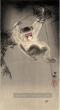  hanga - singe balançant d’une branche de bambou observant une mouche Ohara KOSON Shin Hanga
